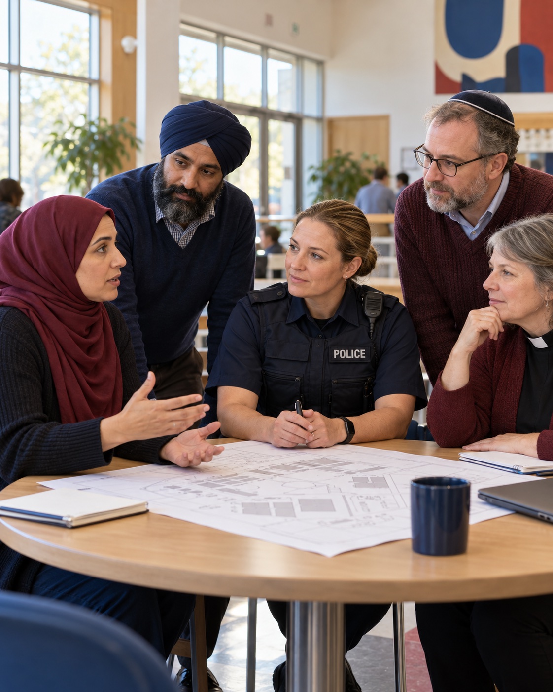 Illustration of people from several faith traditions planning with a police liaison officer