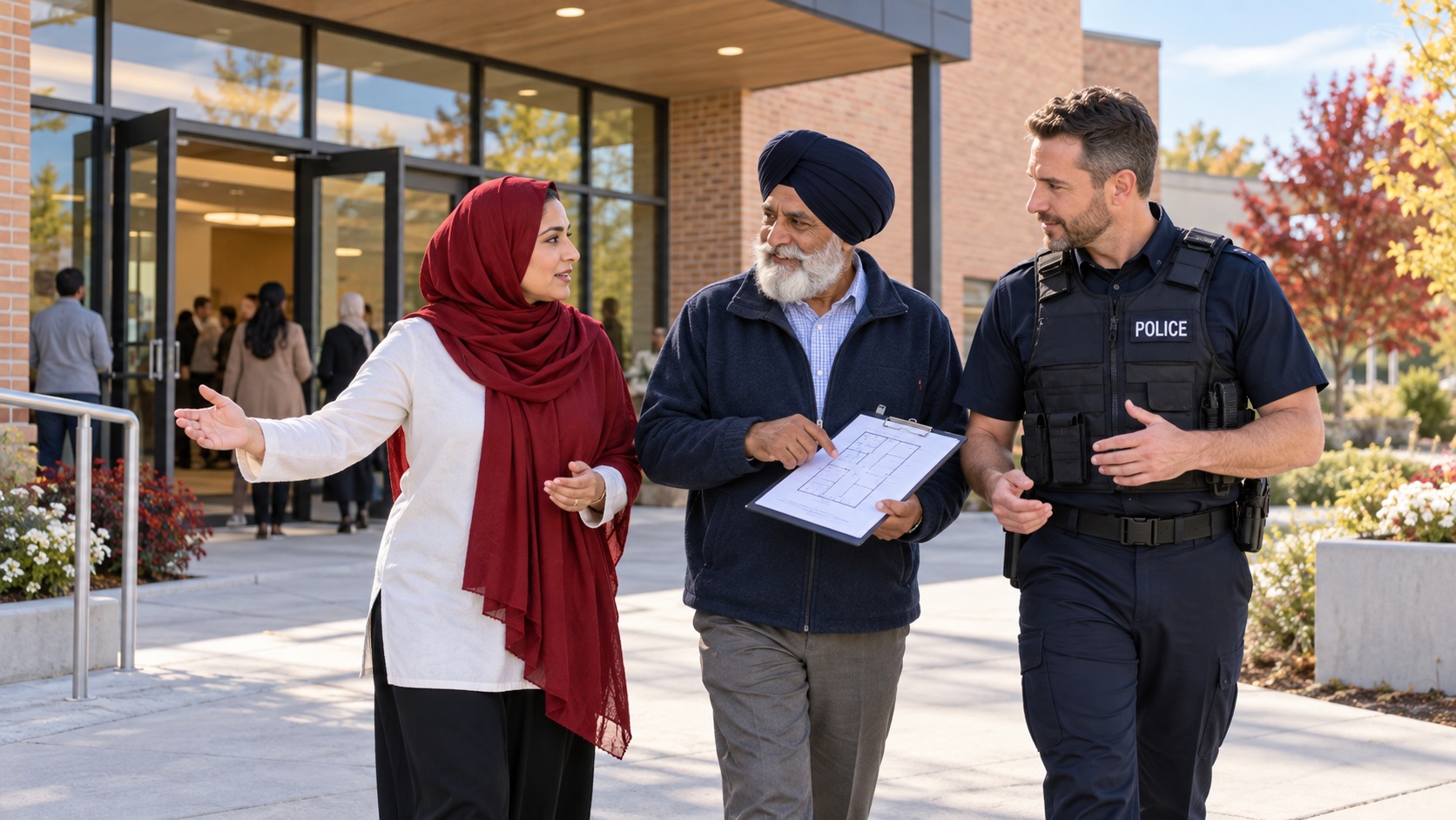 Illustration of a faith community coordinator, a volunteer and a police liaison reviewing plans outside a shared venue